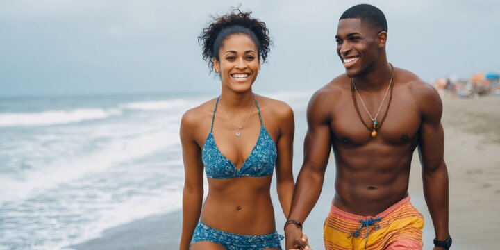 Happy young diverse couple walking on beach holding hands