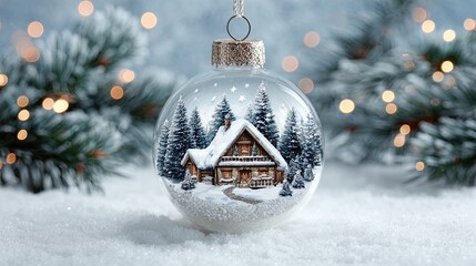 Christmas ornament with snowy winter cabin and pine trees in glass ball on snow with festive lights