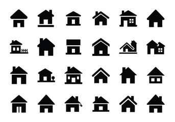 Collection of various black house icons on a, representing different architectural styles and home symbols