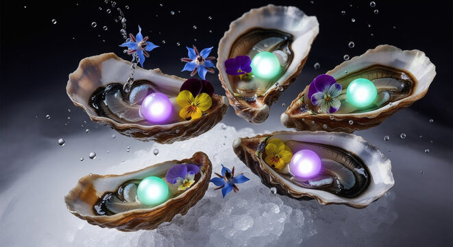 Exquisite oysters with luminous pearls and delicate flowers for a luxury dining experience or high-end seafood promotion, adding a touch of elegance