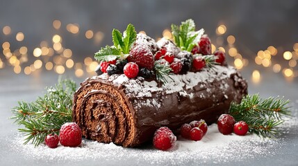 Traditional Christmas chocolate yule log cake with berries, powdered sugar and festive holiday decor