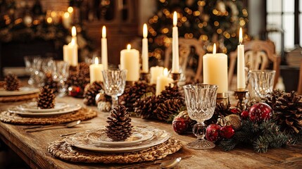 Rustic Christmas dinner table with burning candles, pine cones, glassware and festive holiday ornaments