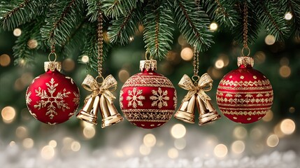 Red and gold Christmas baubles with golden bells hanging on fir branches with festive bokeh lights
