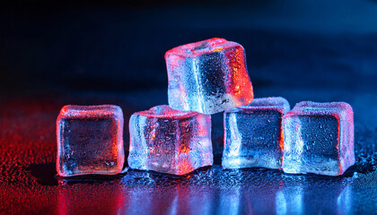 Ice Cubes Lit With Vibrant Red And Blue On A Reflective Dark Surface Macro Shot Intense Cold