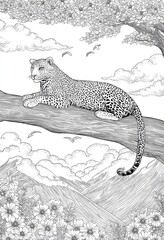 A serene, detailed leopard rests on a branch high above a landscape of mountains and flowers, its gaze directed towards the horizon.