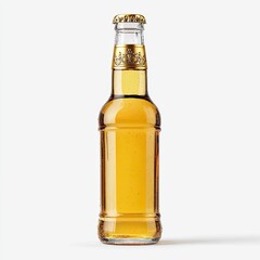 Clear glass beer bottle with golden cap filled with refreshing light lager on white background