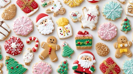 Christmas gingerbread cookies decorated with colorful icing in festive holiday designs on white background