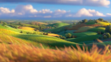 Fototapeta premium It showcases rolling hills, with green meadows and trees in the background; creating a tranquil ideal for advertising or commercial video content, conveying a sense of peace and the beauty of nature.
