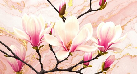 Pink Magnolia Blossoms on Marble Background flowers gold texture floral bloom spring nature botanical elegant beautiful art design