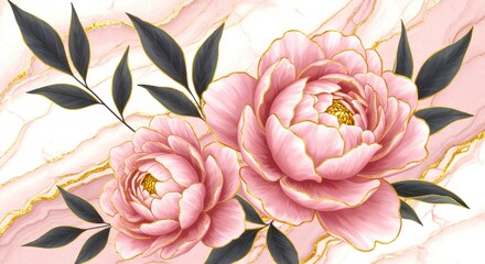 Pink Peonies and Gold Accents on Marble Background peony leaves flowers floral illustration digital art texture design elegant luxury