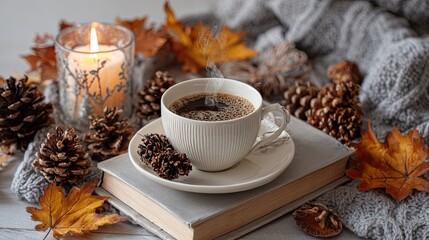 Autumn still life with steaming coffee cup pinecones candle pumpkin dry leaves and cozy atmosphere