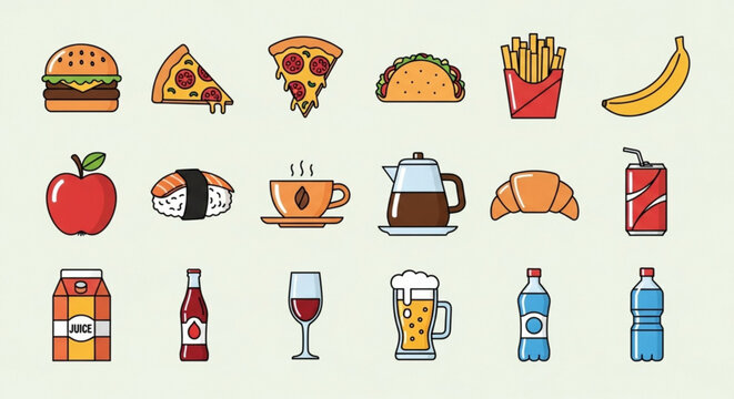 A delightful vector illustration featuring an assortment of food and drink icons, , representing various culinary delights