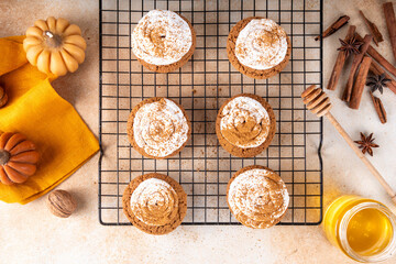 Pumpkin Pie Crumble Cookies Homemade Copycat Recipe. Tasty autumn american Crumble Cookies with Pumpkin Pie Spices and Whipped cream frosting on top, fall seasonal taste idea
