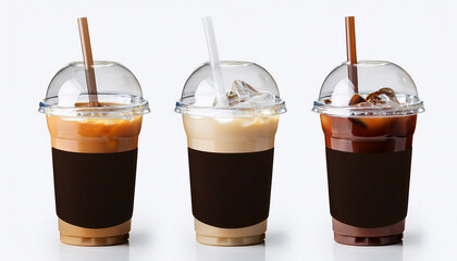 Three Iced Coffee Drinks In Transparent Cups With Blank Labels