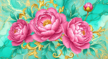 Pink Peonies with Gold Accents on Teal Marble peony flowers floral baroque background design illustration art digital art texture