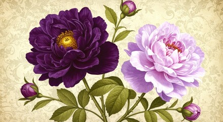 Purple and Pink Peonies with Buds on Vintage Background peony flower flowers damask floral illustration botanical painting digital art