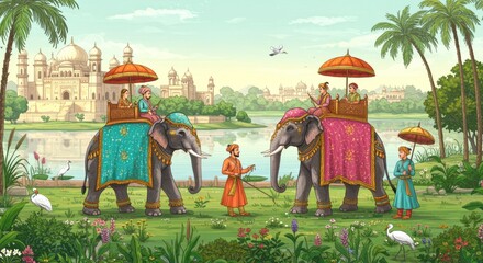 Royal Procession with Elephants near a Palace royalty india indian historical traditional culture heritage maharaja maharani howdah