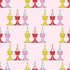 Seamless pattern with decorative candles tied with festive bows on a soft pink background. Hand-drawn holiday design perfect for Christmas and New Year decorations, greeting cards, gift wrap, textiles
