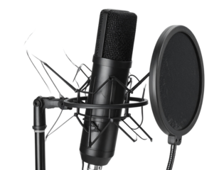  Professional black mic stand and pop filter on transparent background