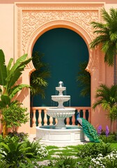 Serene Garden with Fountain and Peacock arch ornamental teal wall plants lush greenery tropical flowers white flowers purple flowers