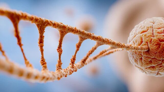 Genetic Helix: Close-up of a vibrant DNA strand coiled, intertwined with a cell nucleus, signifying the intricate beauty of scientific structures.
