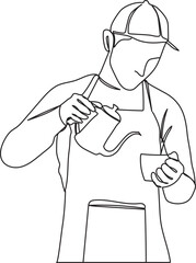 Barista Pouring Milk into Coffee Line Illustration