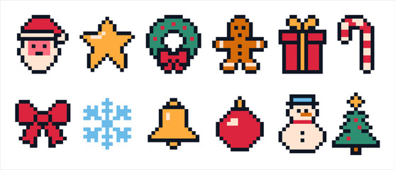 Christmas icons set in pixel art design. 8-bit vintage video game style decorations pack. Cute holiday stuff.