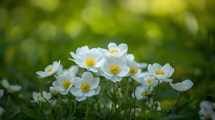 A serene view of white anemone flowers in full bloom.