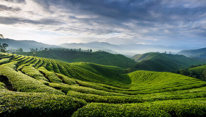 Lush Green Tea Plantations Spread Across Rolling Hills Under Cloudy Skies In The Early Morning Light