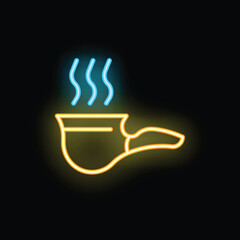 Yellow neon sign of a smoking pipe with blue smoke on a black background, great for tobacco related businesses