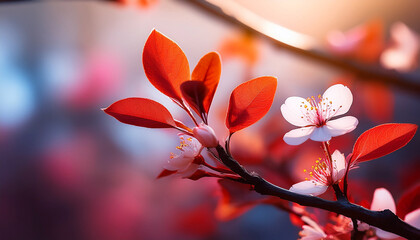 Spring Blossom Branch Close Up With Vibrant Red Leaves