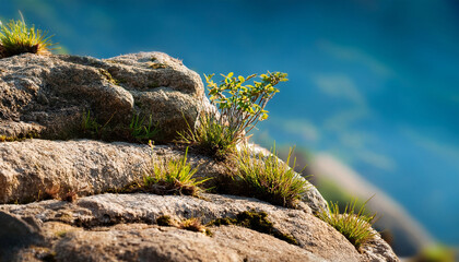 Rocky Outcrop Close Up With Small Plants Growing