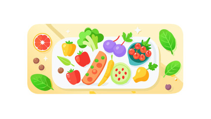 Healthy eating plate with fresh vegetables and fruits for diet and nutrition balanced meal concept