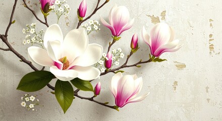 White and Pink Magnolia Blossoms on a Branch flowers spring bloom floral nature plant botanical petals leaves background texture design