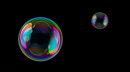 The bubble is in sharp focus in the foreground, showing off its intricate, iridescent rainbow colors and a clear reflection of the studio lights. 