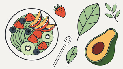Healthy fruit salad bowl with avocado, strawberries, blueberries, and kiwi for diet and nutrition tips