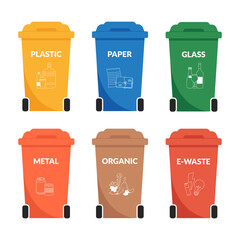 recycling bins for plastic, paper, glass, metal, organic and e-waste with icons. Waste sorting containers for eco-friendly lifestyle and environmental protection.