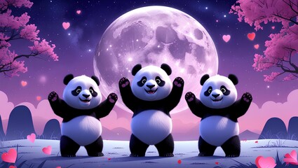Obraz premium Adorable Pandas Dancing Under the Moonlight: Cute Animated Panda Trio with Hearts