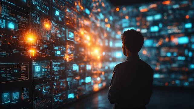 Observer in Digital Realm: A person stands captivated, gazing upon a wall of interactive displays, immersed in the heart of futuristic data and information systems.