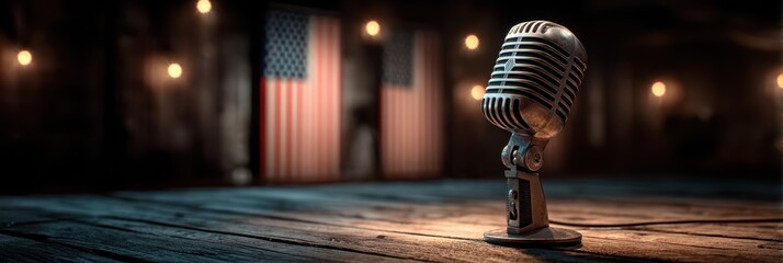 Classic microphone on wooden stage with American flags in the background during a live performance at night