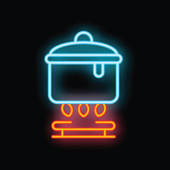 Bright neon sign of a cooking pot on a stove with flames, perfect for a restaurant, cafe, or food related business