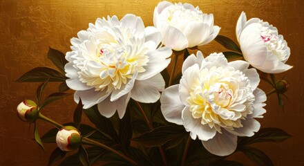 White Peonies on Gold Background - Floral Still Life Painting peony flowers oil painting art artwork botanical bloom blossom buds