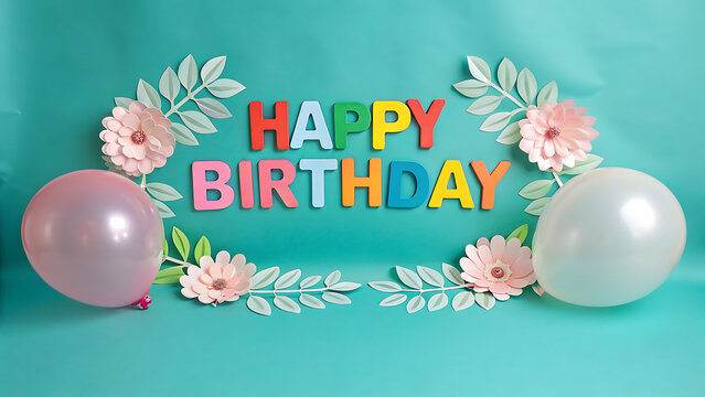 Happy birthday message spelled out in colorful block letters surrounded by delicate paper flowers and balloons on a teal background - Powered by Adobe