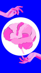 Bold colorful poster. Abstract pink brain illustration in glowing circle with hands. Concept of psychology and neuroscience, education on science, and pharmaceuticals for treatment.