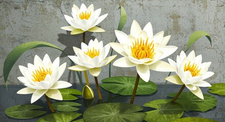 White Water Lilies in a Pond water lily lily pad white flower yellow center floral nature botanical illustration digital art painting