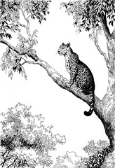 Detailed black and white illustration of a leopard perched high in a lush jungle tree.