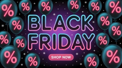 Black friday sale with neon lights and percentage balloons