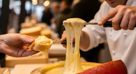 Gooey melted Raclette cheese on toasted bread