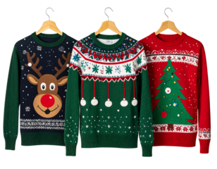 Set of three Christmas ugly sweaters over isolated transparent background 