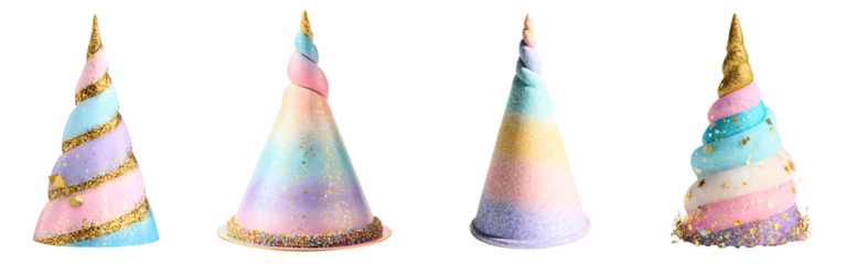 Four colorful unicorn horn shaped hats with glitter accents isolated on a transparent background.